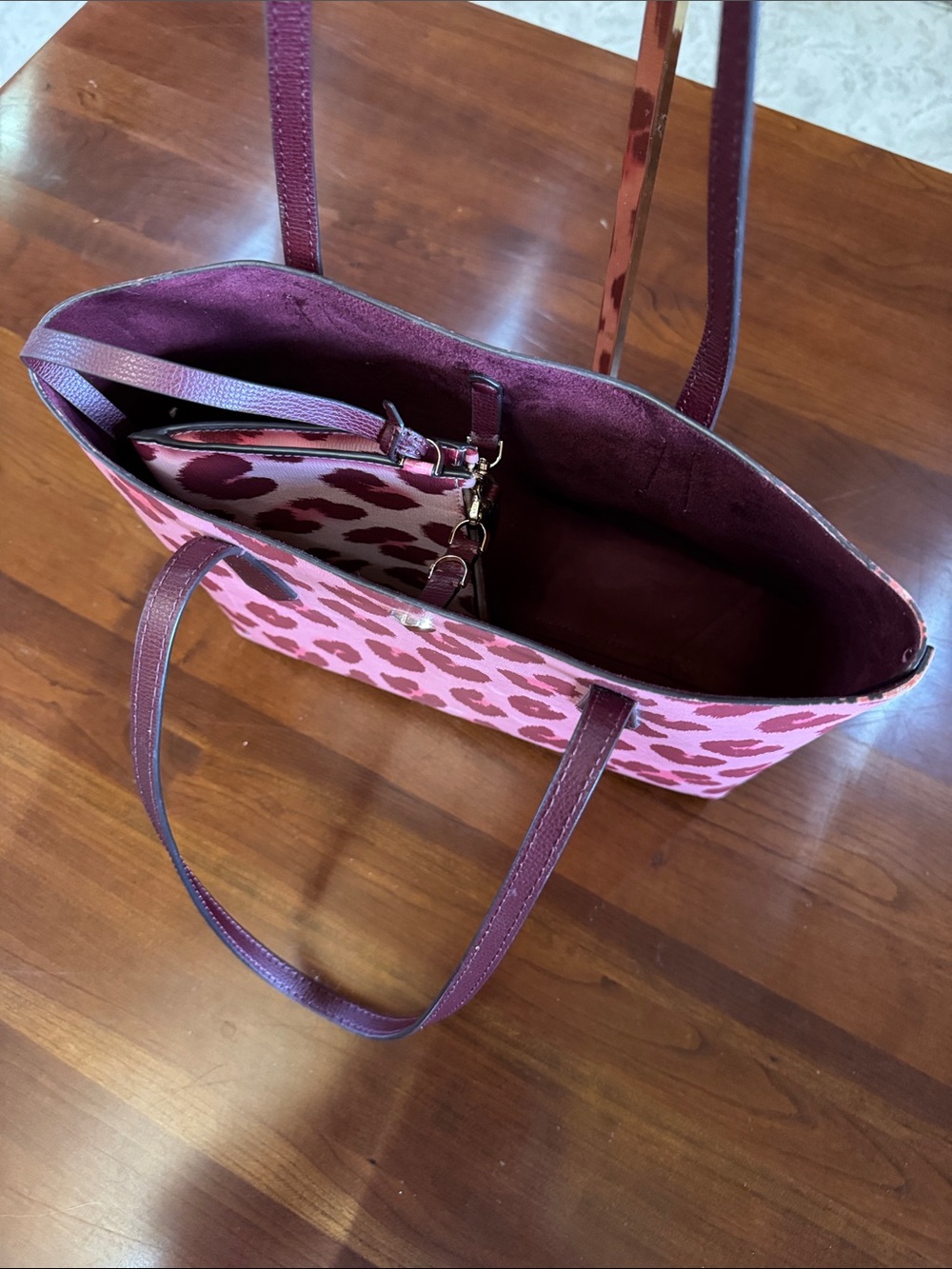 kate spade Pink and Burgundy Leopard Print Tote with Wristlet - Picture 4 of 5
